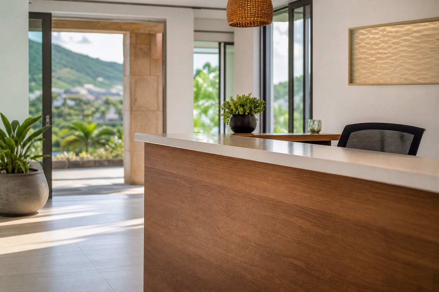 A cleaned office reception, morning light